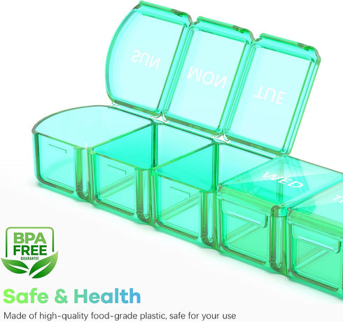 Extra Large Pill Organizer 2 Pack, XL Pill Box 7 Day Weekly Pill Case with Large Capacity, BPA Free (Blue+Green)