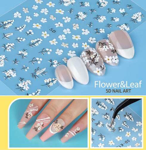 Teenitor 12 Sheets Self-Adhesive Nail Art Sticker, 5D Embossed Flower Nail Decals, 5 Boxes Glitter Sequins Flakes