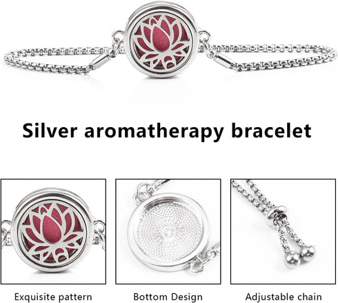 YWLI 10 Essential Oil Diffuser Bracelet Aromatherapy Locket Adjustable Stainless Steel Lotus Bracelet with Pcs Refill
