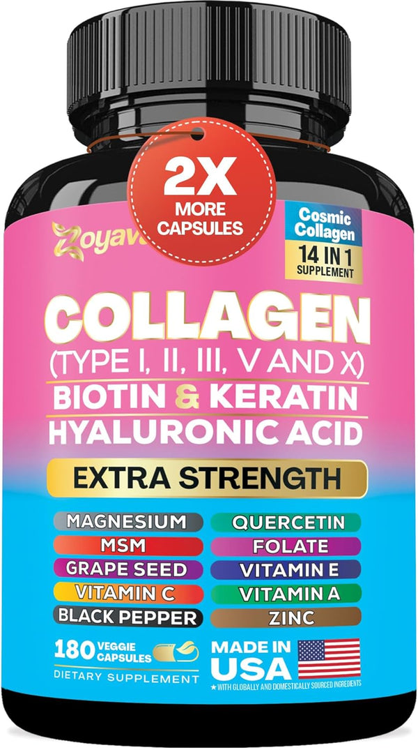 Zoyava Collagen Pills with Peptides Types I, II, III, V & X, Biotin, Keratin, Hyaluronic Acid, MSM, Vitamins A, C, E,