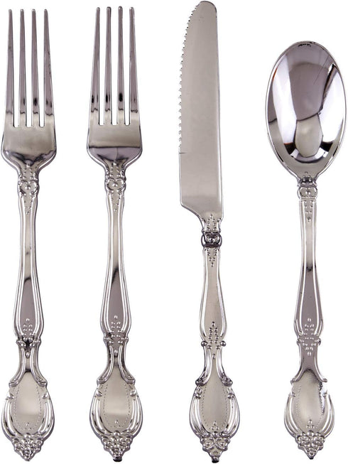 Antique Design Disposable Flatware Set, 96 PC Plastic Silverware for 24, Heavy Duty Utensil Set for Weddings, Silver