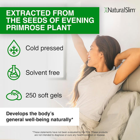 NaturalSlim Metaboil 500 Evening Primrose Oil Capsules - Solvent-Free Cold Pressed Supplement for Metabolism - 250