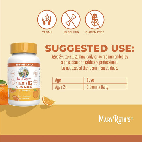 MaryRuth Organics Vitamin D3 Gummies - 2 Month Supply, 60 Vegan Gummies for Immune Support & Bone Health