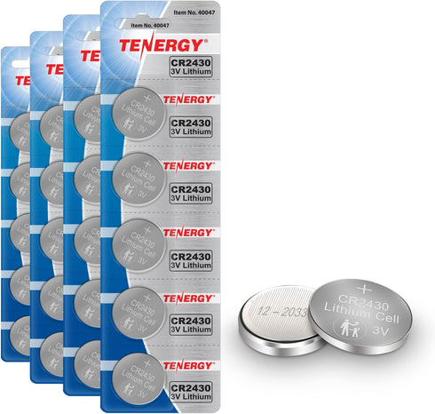Tenergy CR2430 3V Lithium Coin Battery for Car Key Fob, Remote, Calculators, 20 Count (Pack of 4)