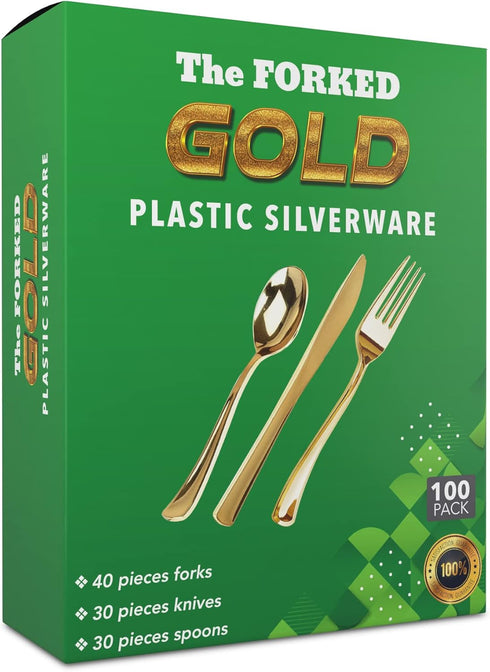 100 Pieces Gold Plastic Silverware Set, Heavy Duty Disposable Combo - 40 Forks, 30 Knives, 30 Spoons for Parties