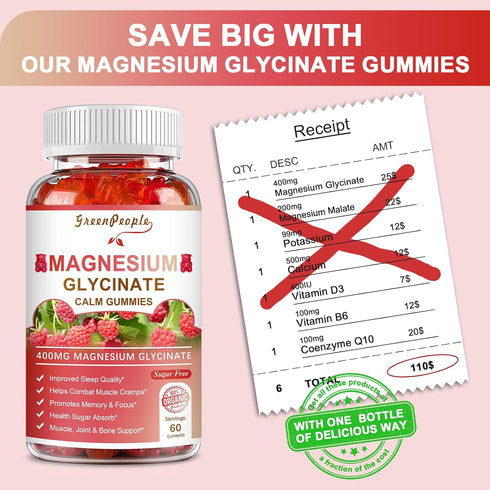 Magnesium Glycinate Gummies - 400mg Sugar Free Supplement with Vitamin D, B6 & CoQ10 for Calm Support