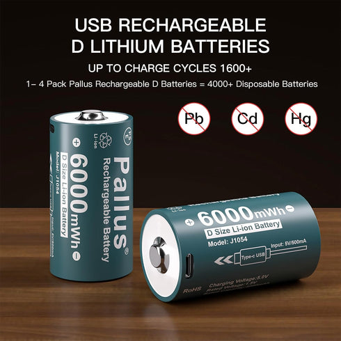 Pallus 4 1 4 Pack 1.5V LR20 6000mWh 1600x Rechargeable Lithium D Batteries with in USB-C Charge Cable, D Size Li-ion
