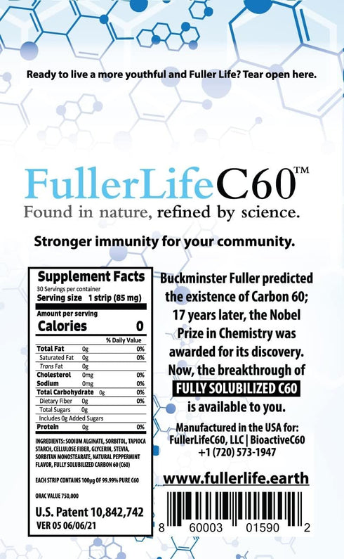 Carbon 60 Antioxidant Dissolvable Strips | Immunity Booster | Pure 99.99% C60 Solvent Free, Fully Dissolved & Dispersed