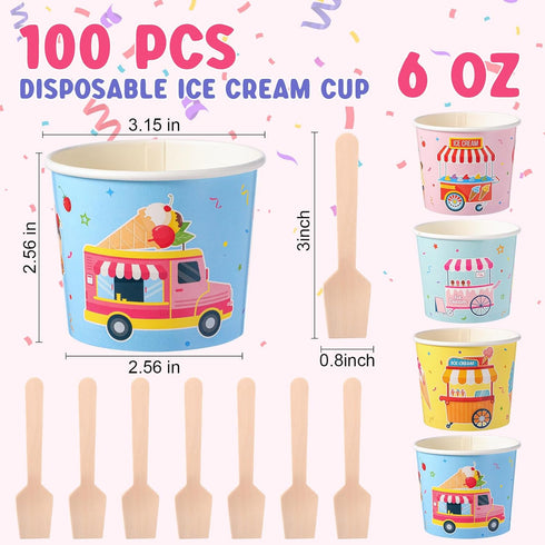 Ninehaoou 100 Set 6 oz Frozen Ice Cream Paper Cups with Spoons Bulk Colorful Disposable Ice Cream Bowls for Hot or Cold