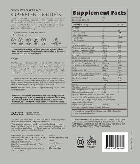 Form Superblend Protein, Vegan Protein Powder with Superfoods, Vitamins and Minerals, Chocolate Peanut