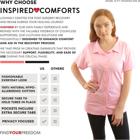 Post Op Easy Open Mastectomy Recovery Top with Pockets & Fasteners for Drains, Pink