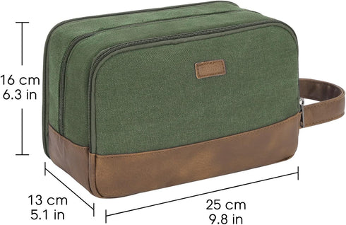 WANDF Travel Toiletry Bag for Men, Leather and Canvas Dopp Kit, Small Bathroom Bag for Travel Accessories (Green)