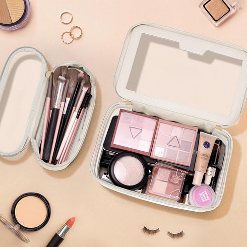 Travel Clear Makeup Bag, Portable Cosmetic Organizer Storage Bag, Leather Makeup Case with Brush Bag, Waterproof,