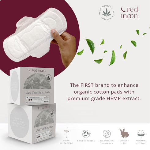 Red Moon (Pack 10) Ultra Thin Hemp Pads of Sanitary Pads for Women, Menstrual Pads- White