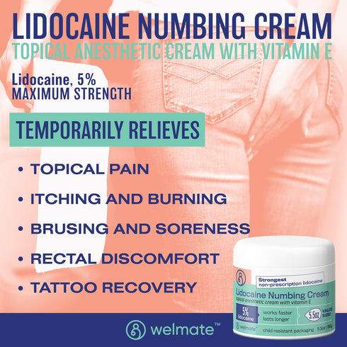 WELMATE 5% Lidocaine Numbing Cream Maximum Strength, Topical Anesthetic for Aches, Itching, Soreness, Tattoos, 5.5 Oz