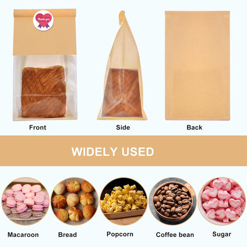 SixWeKit 50 Pack 11" 5.1" 3.9" Packaging Kraft Paper Bread Bags with Clear Window, x x Bakery Bags Tin Tie Tab Lock