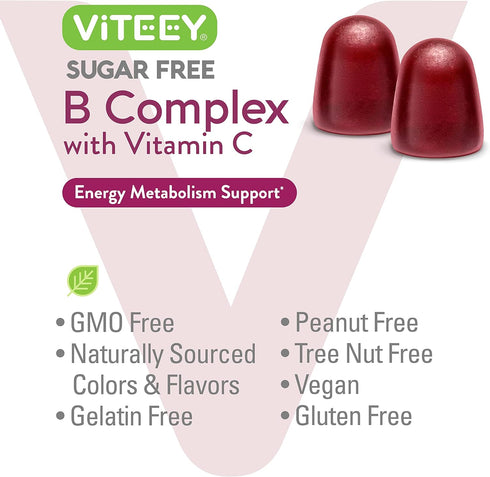 Vitamin B Complex Gummies with Vitamin C - Sugar Free | Energy, Metabolism & Nerve Health - Vegan, Gelatin Free,