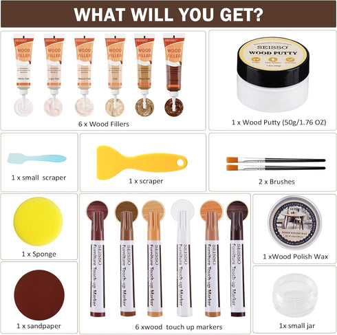SEISSO Wood Furniture Repair Kit, Upgrade Wood Fillers, Touch Up Markers and Wood Putty Repair Holes, Scratches, Cracks, Hardwood Floor Repair Kit for Door, Floor, Table, Cabinet
