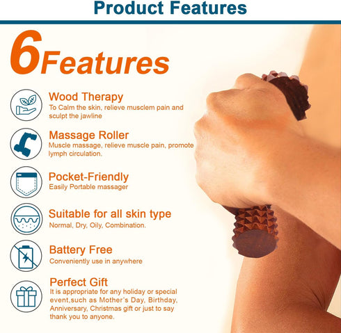 HATHKAAM Massage Roller, 5.5" Rosewood Handheld 4 Wheel Accupressure Massager for Full Body Pain Relief and Cellulite
