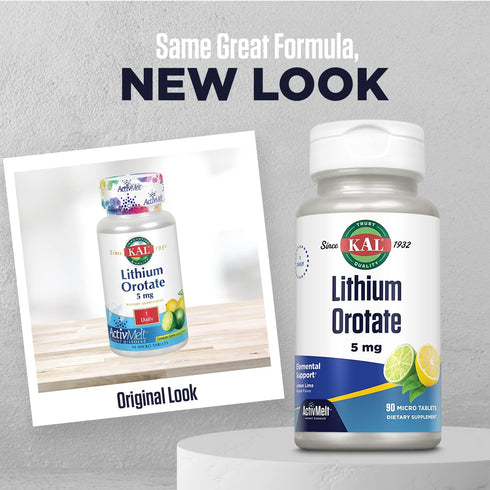 KAL Lithium Orotate ActivMelt 5mg, Chelated Lithium for Optimal Absorption and Bioavailability, Healthy Mood Support, Natural Lemon Lime Flavor, Instant Dissolve Tablets, 90 Servings, 90 Micro Tablets