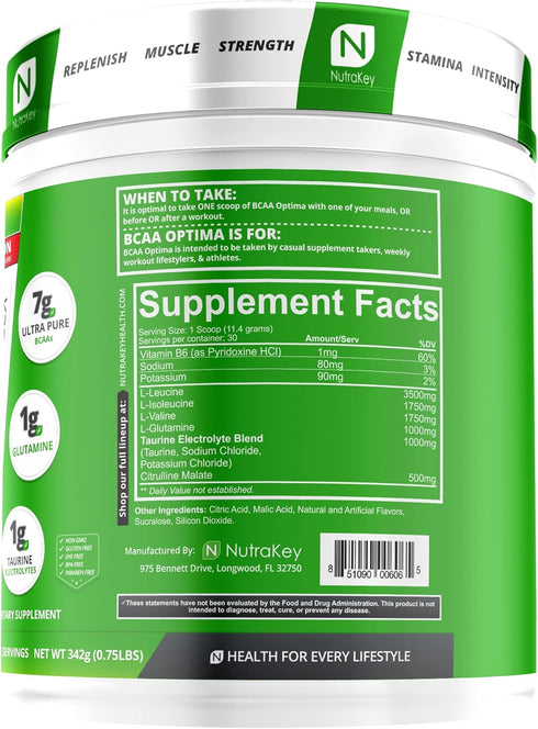 NutraKey BCAA Optima Post Workout Recovery Complex, No Sugar, No Carb, Strawberry Watermelon