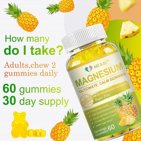 Magnesium Glycinate Gummies 400mg - Sugar Free Magnesium Taurate, Malate with Vitamin D, B6, CoQ10, 120 Gummies