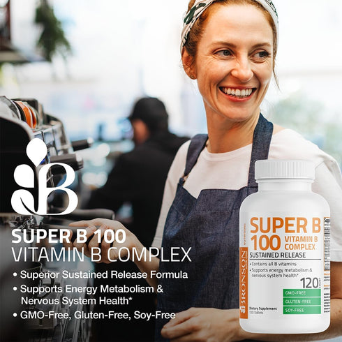 Bronson Super B 100 Vitamin B Complex - Sustained Release, Supports Energy Metabolism & Nervous System, 250 Tablets