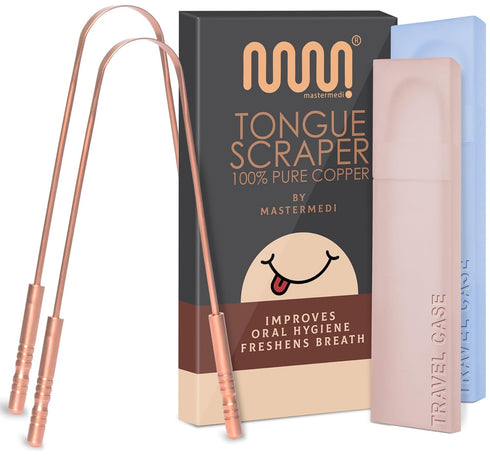 MasterMedi Tongue Scraper with Case - Easy to Use for Adults, Copper Set of 2, Tongue Cleaner for Oral Care & Hygiene
