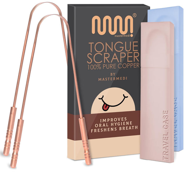 MasterMedi Tongue Scraper with Case - Easy to Use for Adults, Copper Set of 2, Tongue Cleaner for Oral Care & Hygiene