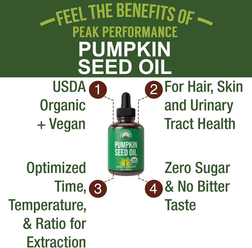 Pumpkin Seed Oil. USDA Organic Vegan Liquid Drops Extract for Women and Men. Supplement for Hair Growth, Skin Health