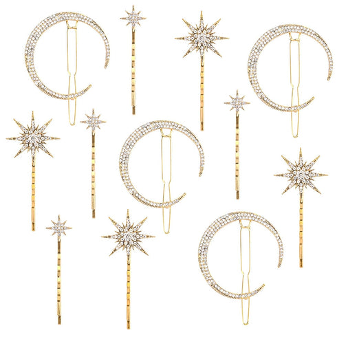 Hedume 12 Pack Vintage Rhinestone Hair Clips, Stars and Moon Hair Pins, Metal Alloy Diamond-studded Accessories for
