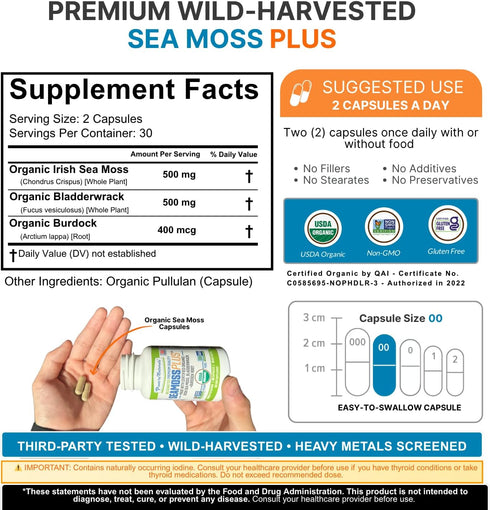 Power By Naturals Sea Moss Plus - USDA Organic Irish Sea Moss Capsules with Bladderwrack & Burdock Root - 60Ct