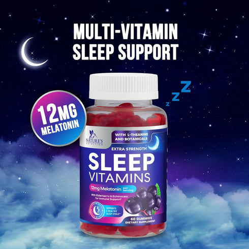 Sleep Vitamins, Fast Acting, Natural Sleep Gummy Supplement for Adults, 60 Gummies, 12mg Melatonin, Chamomile & Zinc