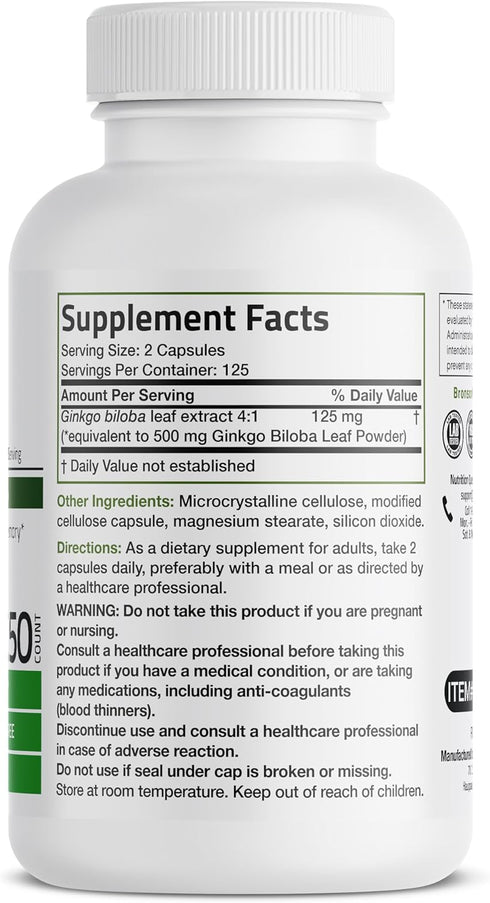 Bronson Ginkgo Biloba Extra Supports Brain Function & Memory Support, 250 Vegetarian Capsules