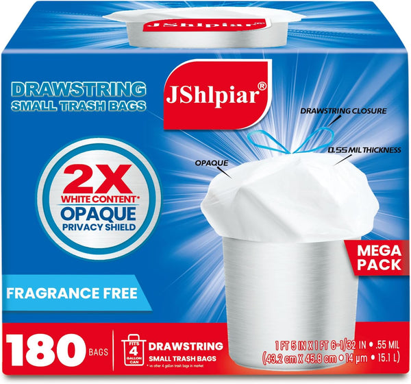 180 Count 4 Gallon Trash Bags, Drawstring White Unscented Small Garbage Bags for Office, Bathroom