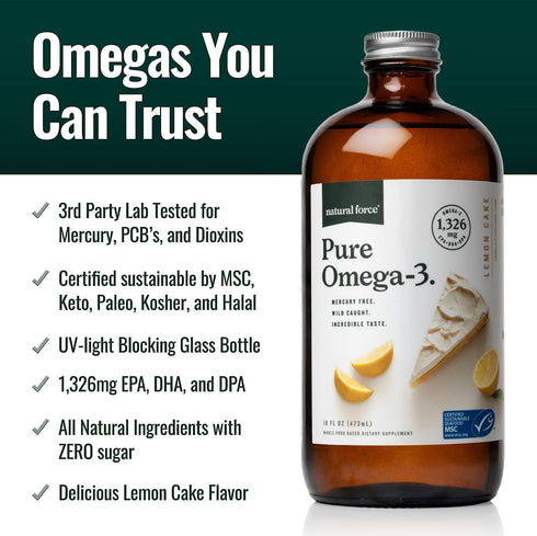 Natural Force Pure Omega 3 - 16 Oz Liquid Fish Oil in Delicious Lemon Cake Flavor, Mercury Free, Wild Caught