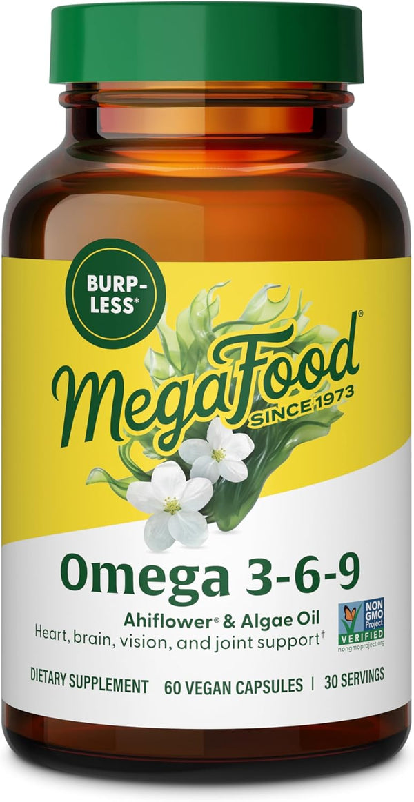 MegaFood Vegan Omega 3 6 9 - Burp-less Omega 3 Supplement, 600 mg Plant-Based Omega-3 & 150 mg DHA (60 Capsules)