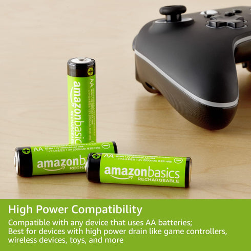 Amazon Basics 12-Pack Rechargeable AA NiMH Batteries, 2400 mAh, High-Capacity, Recharge up to 400x Times