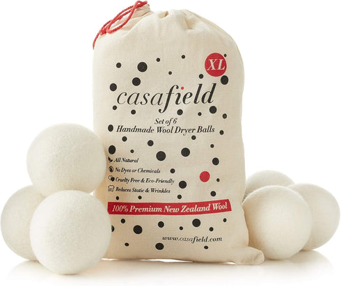 Casafield Wool Dryer Balls Set of 6, Extra Large Organic Handmade 100% New Zealand Wool Laundry Fabric Softener