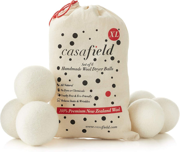 Casafield Wool Dryer Balls Set of 6, Extra Large Organic Handmade 100% New Zealand Wool Laundry Fabric Softener
