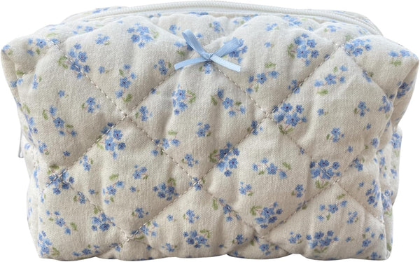 Cotton Quilted Makeup Bag Coquette Accessories - Cute Floral Cosmetic Pouch Travel Makeup Bag for Women (Blue floral)