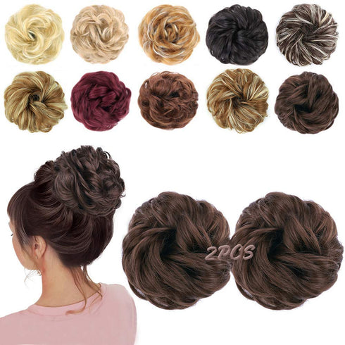 MORICA 2-Piece Messy Bun Hair Pieces - Synthetic Curly Wavy Chignon Ponytail for Thin Hair, Medium Brown