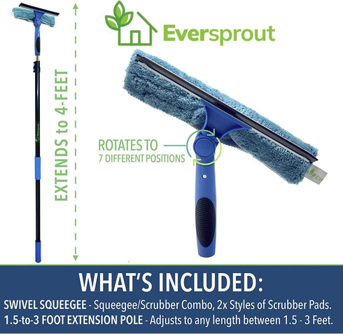 EVERSPROUT 1.5-to-3 Foot Swivel Squeegee and Microfiber Window Scrubber, 2-in-1 Cleaning Combo, Aluminum Pole