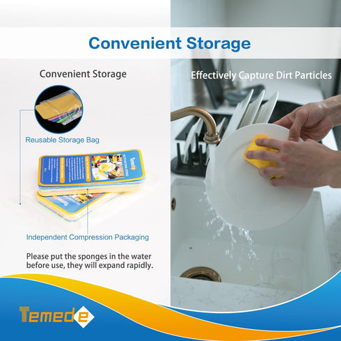 Packaging (5 Pack) Temede Large Cellulose Sponges, Kitchen Sponges for Dish, Thick Heavy Duty Scrub Sponges