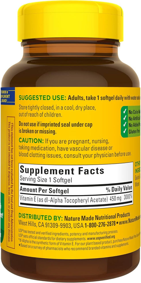 Nature Made Vitamin E 450 mg (1000 IU) Softgels, 60 Count - Antioxidant Support (Pack of 3)