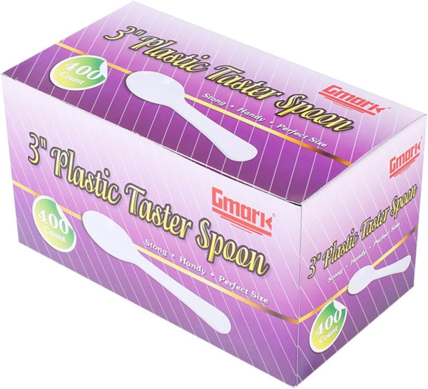 Gmark Taster Spoons - 400pc 3" Plastic Mini Spoons, Ice Cream, Dessert Spoons, White, 1 Box Set GM1002A