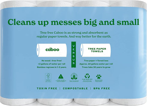 Caboo Tree Free Paper Towels, 8 Rolls, Earth Friendly Sustainable Kitchen Paper Towels with Strong 2 Ply