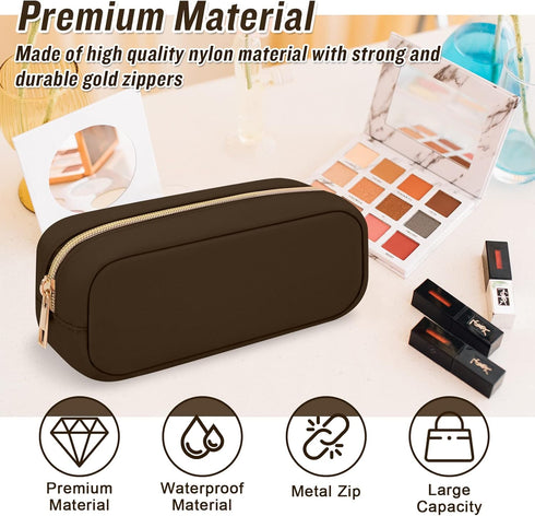 Nylon Small Makeup Bag, Slim Cosmetic Zipper Pouch, Waterproof Travel Coin Pouch for Women, Girls, Teens (Brown)