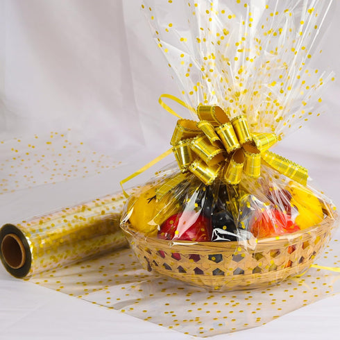 CMFYHM Clear Cellophane Wrap Roll, 34" x 120’Ft Gold Polka Dot Cellophane for Gifts, Baskets, Flowers, Party Decorations
