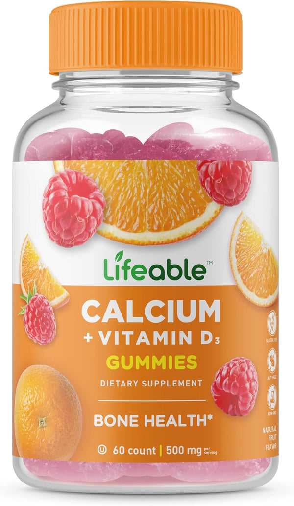 Lifeable Calcium 500 mg with Vitamin D3 1000 IU Gummies - Great Tasting Natural Flavor Vitamin Supplement, Gluten Free,